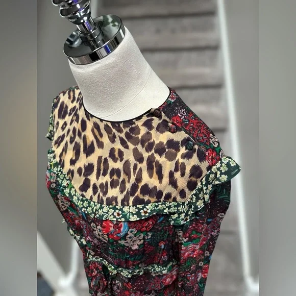 Anthropologie Scotch & Soda Leopard & Lillies Floral Long Sleeve Mini Dress Chic - Picture 3 of 16